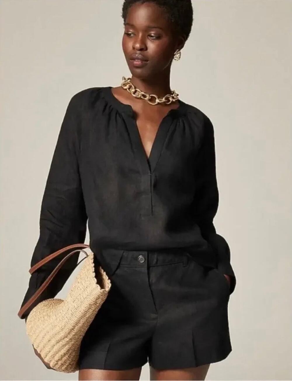 J.Crew Top Black Cabana Linen V Neck Women XS Resort Casual Popover Classic SP25